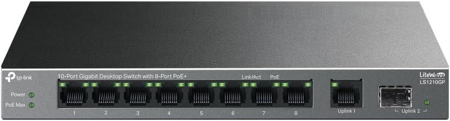 محول كمبيوتر مكتبي 10 منافذ جيجابت مع 8 منافذ بي او اي +، 1 × منفذ جيجابت SFP من تي بي- لينك