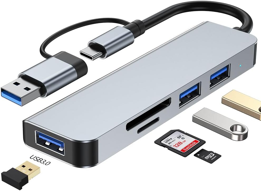 موزع USB نوع C من الألومنيوم بتصميم 5 في 1 مزود بمنفذ ذاكرة اس دي ومنفذ قارئ بطاقات ميكرو اس دي ومنفذ USB 3.0 ومنفذين USB 2.0، متوافق مع ماك بوك وأجهزة اللاب توب والكمبيوتر واي ماك وايباد وغيرها