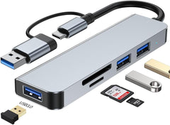 موزع USB نوع C من الألومنيوم بتصميم 5 في 1 مزود بمنفذ ذاكرة اس دي ومنفذ قارئ بطاقات ميكرو اس دي ومنفذ USB 3.0 ومنفذين USB 2.0، متوافق مع ماك بوك وأجهزة اللاب توب والكمبيوتر واي ماك وايباد وغيرها