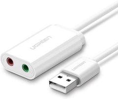 محول USB الى مقبس صوت من يوجرين مع سماعة رأس تي ار اس 3.5 ملم وميكروفون، محول USB الى AUX للسماعات متوافق مع جهاز بلاي ستيشن 5 وماك ولينوكس واللاب توب والكمبيوتر، ابيض