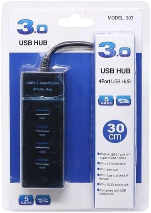 موزع بـ 4 منافذ USB 3.0 فائق السرعة - أسود