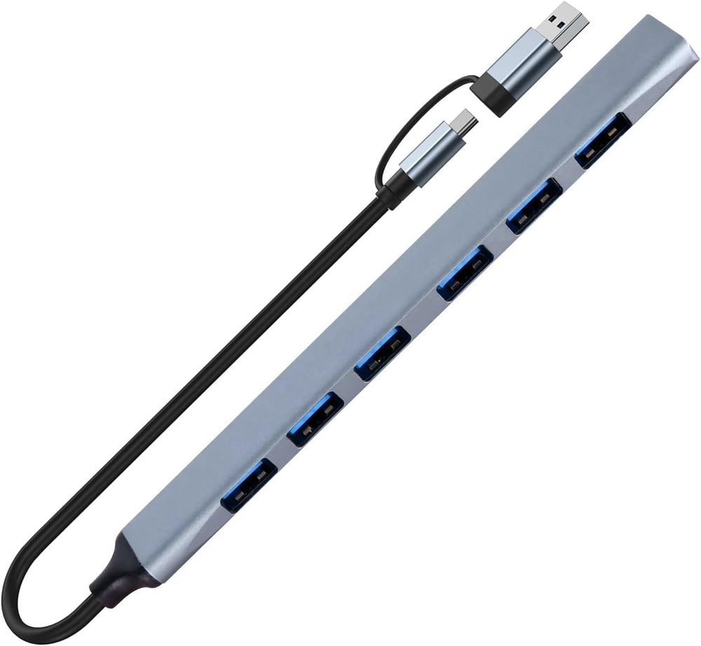 محول موزع 7 في 1 نوع سي ومدخل USB الى 7 منافذ (6 منافذ USB2.0، و1 منفذ USB 3.0) متوافق مع الكمبيوتر/الهاتف الذكي/ماك بوك/لاب توب من كيه ام تكنولوجي - رمادي
