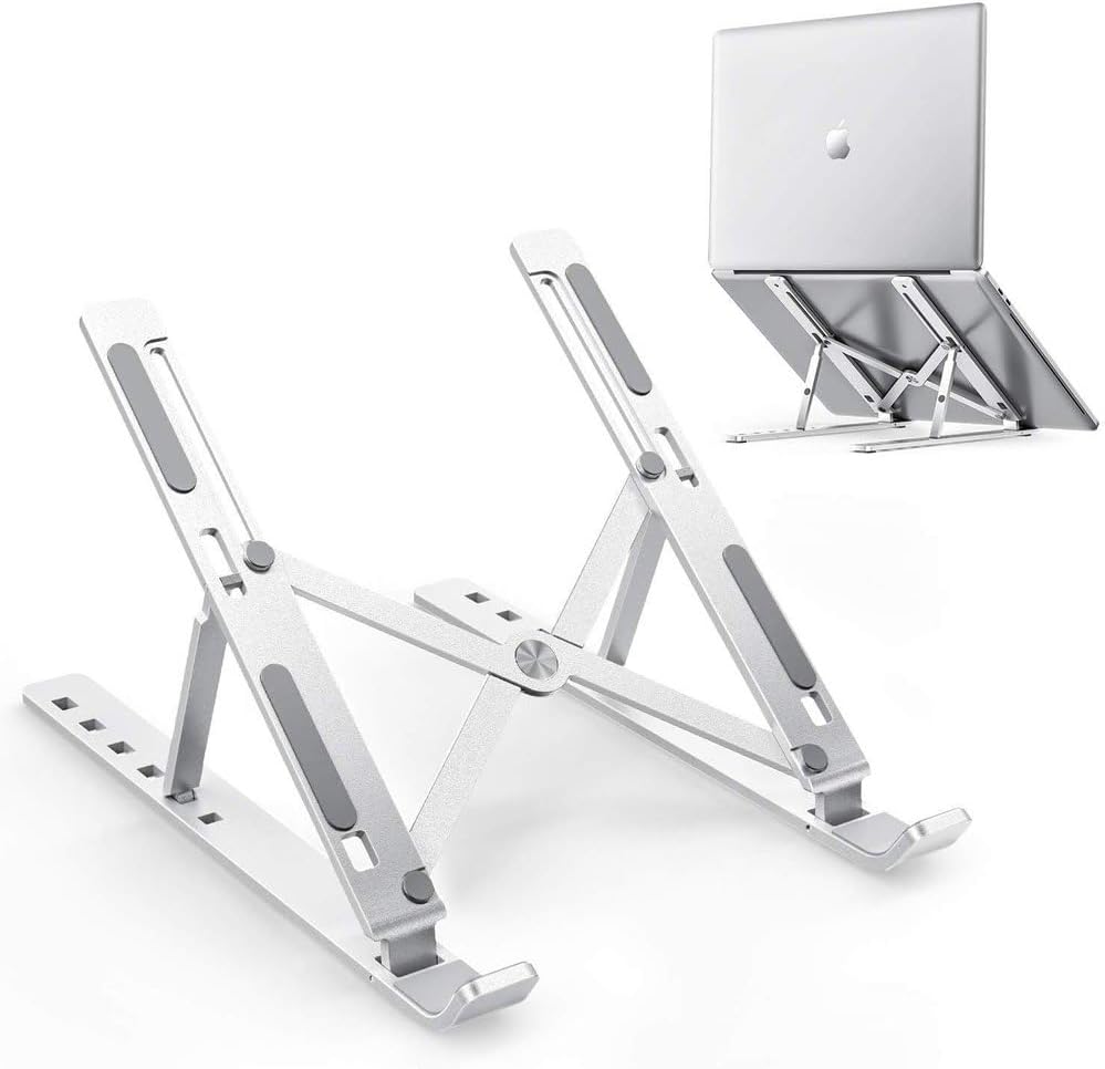 حامل لاب توب مريح قابل للتعديل من الألومنيوم (25-40 سم)، يحسن الوضعية والتبريد - للمكتب وماك بوك واتش بي وديل والمزيد - فضي