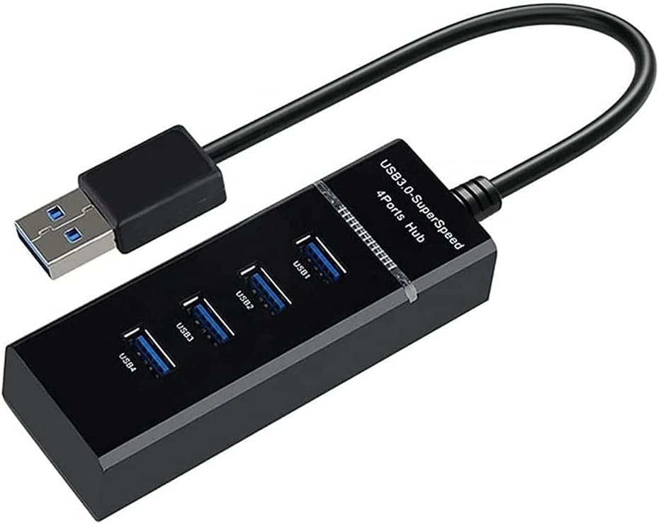موزع USB 3.0 شامل وفائق السرعة بـ 4 منافذ - محمول نحيف للغاية باضاءة LED وكابل محول للكمبيوتر الشخصي والنوت بوك وذاكرات فلاش وغيرها من الاجهزة، أسود
