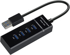 موزع USB 3.0 شامل وفائق السرعة بـ 4 منافذ - محمول نحيف للغاية باضاءة LED وكابل محول للكمبيوتر الشخصي والنوت بوك وذاكرات فلاش وغيرها من الاجهزة، أسود