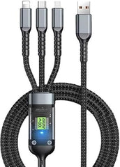 كابل USB متعدد 3 في 1 مضفر لشحن سريع 6 أمبير/ 100 وات، شريحة ذكية، إصدار أكثر سمكا، متوافق مع لايتنينج/ مايكرو/ نوع سي