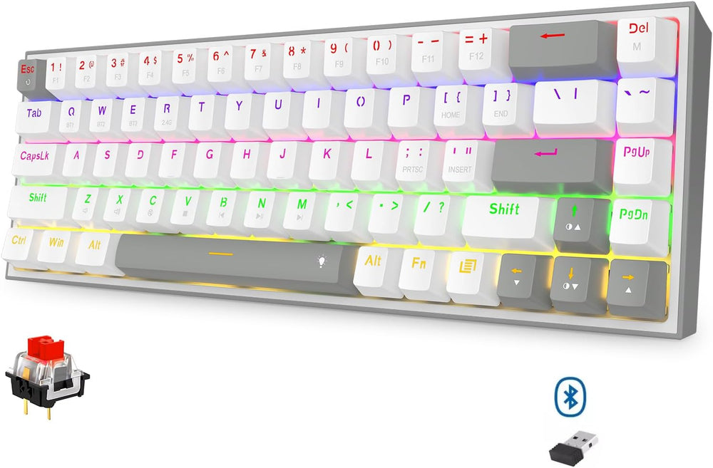 لوحة مفاتيح ألعاب ميكانيكية K705WG-R برو 65% لاسلكية وبلوتوث وسلكية ار جي بي ومفتاح أحمر 68 مفتاح ومقبس تبديل سريع 100%، لوحة إلكترونية مطبوعة مثبتة على لوحة حرة ومفاتيح أسهم مخصصة من ريدراجون