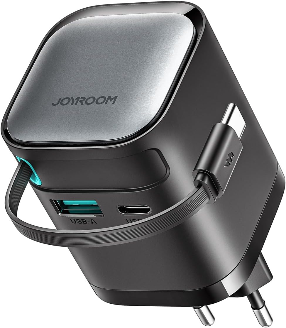 شاحن سريع JR-TCL02 بقدرة 65 واط مع كابل مدمج قابل للسحب من النوع سي، منافذ USB-A وUSB-C، محول يثبت بالحائط مدمج متعدد الأجهزة بي دي وكيو سي من جوي رووم، أسود