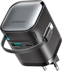 شاحن سريع JR-TCL02 بقدرة 65 واط مع كابل مدمج قابل للسحب من النوع سي، منافذ USB-A وUSB-C، محول يثبت بالحائط مدمج متعدد الأجهزة بي دي وكيو سي من جوي رووم، أسود