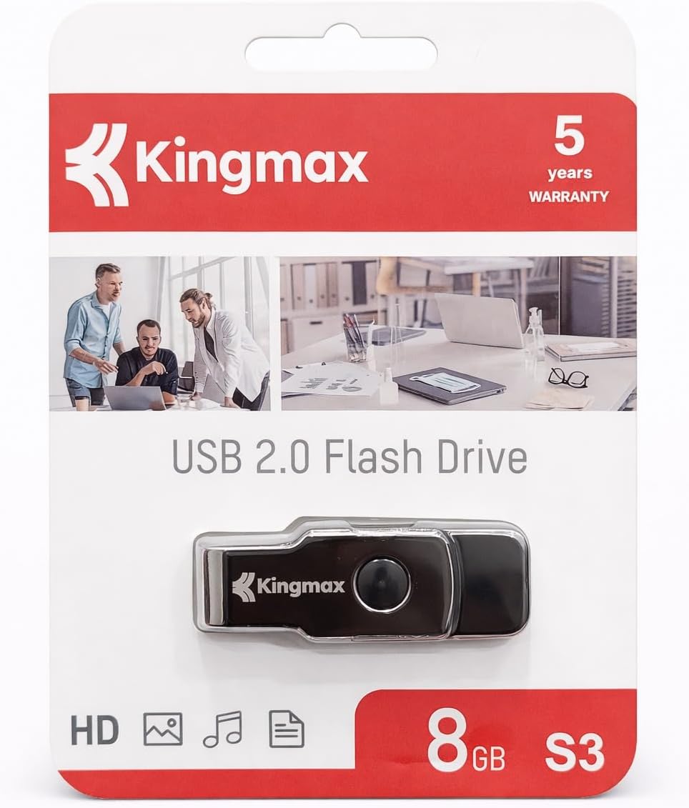 كينج ماكس ذاكرة فلاش USB 2.0 8GB S3، ذاكرة محمولة لنقل البيانات بسرعة عالية، تصميم صغير ومتين، مثالي للمستندات والموسيقى والصور والفيديوهات، ضمان 5 سنوات