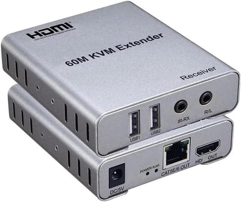 جهاز توسيع نطاق كيه في ام حتى 60 متر يدعم التحكم بالصوت بمنفذ اي ار ومنفذ USB للماوس والكيبورد بكابل HDMI وكابل كات 5e/6 ودقة فيديو تصل الى 1080 بيكسل من توبو، فضي