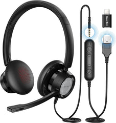 سماعات رأس H362 بمنفذ USB من نيو بي، ميكروفون قابل للدوران 270 درجة بتحكم مدمج ومركز الاتصال، ستيريو سلكية للكمبيوتر مريحة للغاية لسكايب وزووم والكمبيوتر المحمول والموبايل والتابلت، شفاف
