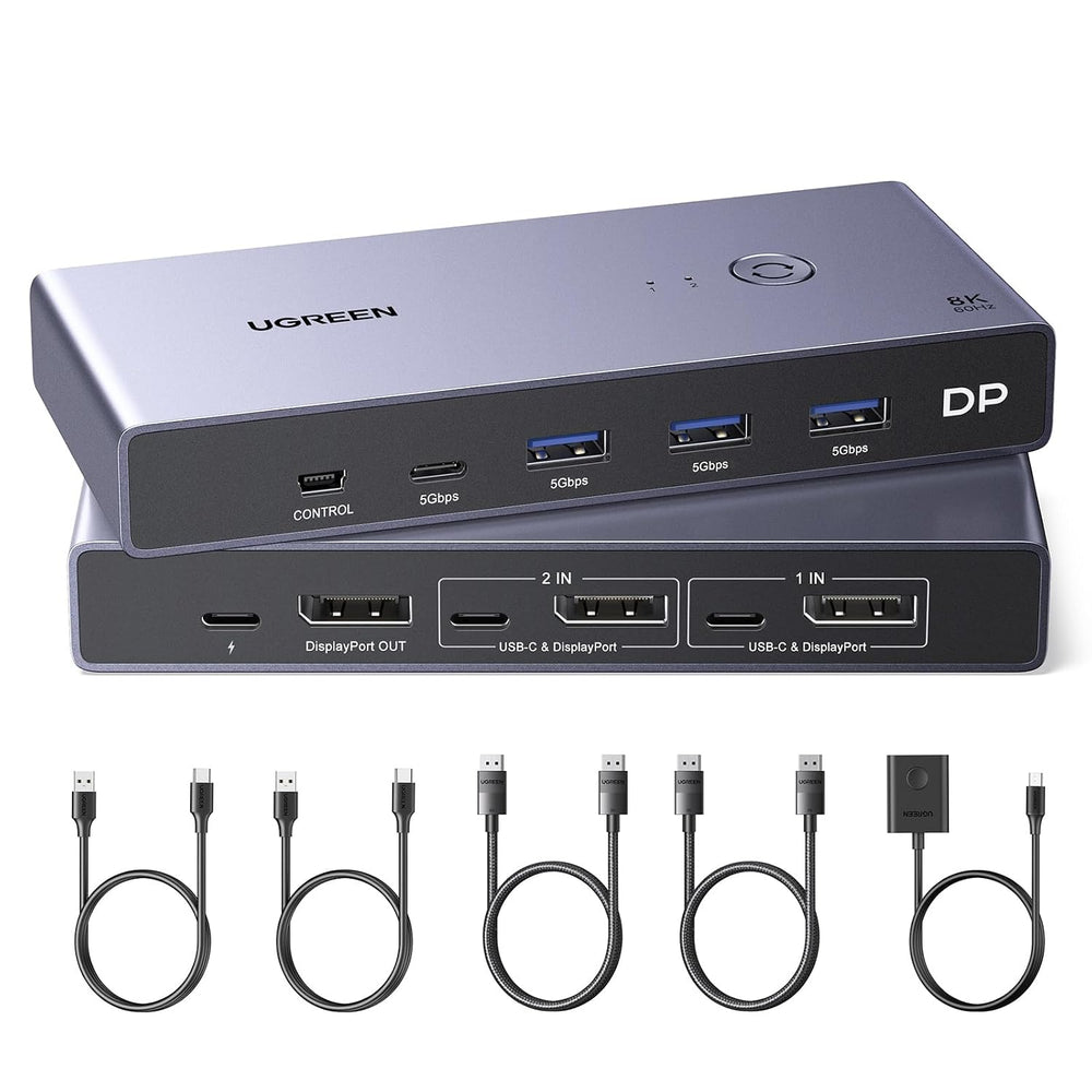 محول كيه في ام بمنفذ عرض 2 في 1 من يوجرين | 4K@240Hz, Sharing 1 Monitor Keyboard Mouse U-Disk Printer Webcam, with 2 DP Cables, 2 USB A to C Cables, no EDID Emulation