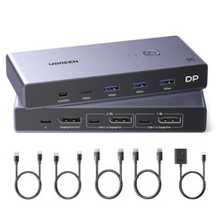 محول كيه في ام بمنفذ عرض 2 في 1 من يوجرين | 4K@240Hz, Sharing 1 Monitor Keyboard Mouse U-Disk Printer Webcam, with 2 DP Cables, 2 USB A to C Cables, no EDID Emulation