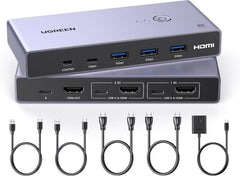محول ومبدل كيه في ام بـ 4 منافذ USB 3.0 مع كابلان USB 3.0 من يوجرين، رمادي | KVM Switches Support 4K@120Hz, 4 Port USB3.0 Switcher for 2 Computers Share 1 Monitor and Keyboard, Mouse, Hard Drive