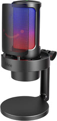 ميكروفون من فيفاين موديل A8 باللون الأسود مع اتصال USB، مزود بإضاءة RGB وزر كتم ومنفذ سماعة وفلتر بوب وحامل مضاد للصدمات، متوافق مع الكمبيوتر