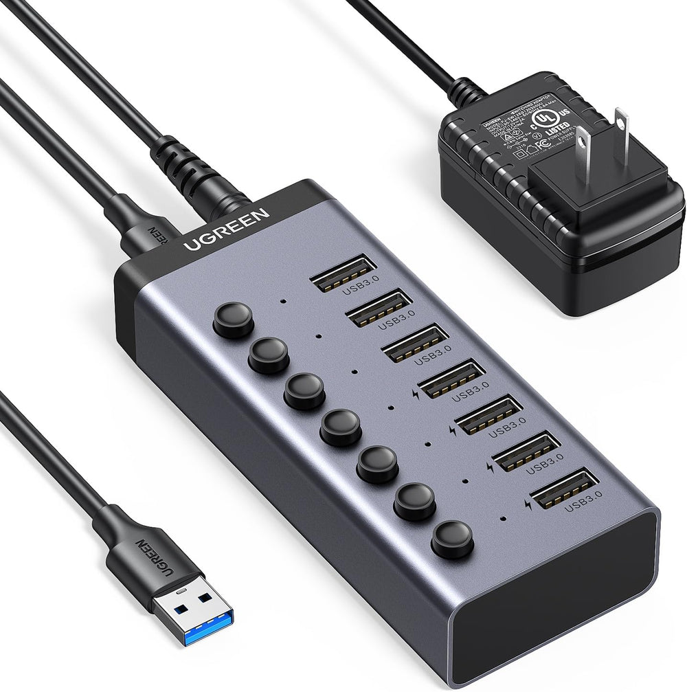 موزع يوجرين بمنفذ USB 3.0 يعمل بالطاقة 4 ذكي يدعم نقل التاريخ مقسم فردي 7 منافذ ومؤشر LED 12 فولت-2 امبير محول الومنيوم للكمبيوتر واللاب توب وماك بوك برو واير