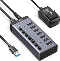 موزع يوجرين بمنفذ USB 3.0 يعمل بالطاقة 4 ذكي يدعم نقل التاريخ مقسم فردي 7 منافذ ومؤشر LED 12 فولت-2 امبير محول الومنيوم للكمبيوتر واللاب توب وماك بوك برو واير