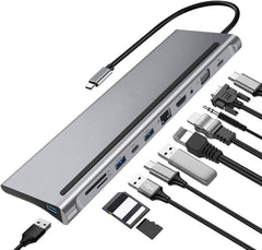 شاحن وموزع شحن USB C نوع 11 في 1 من كابا دونجل متعدد المنافذ الي 3.0 4K منفذ HDMI سريع PD 1000 ميجابت لكل ثانية ايثرنت بطاقات اس دي - تي اف لماك بوك وديل ولينوفو واجهزة رمادي