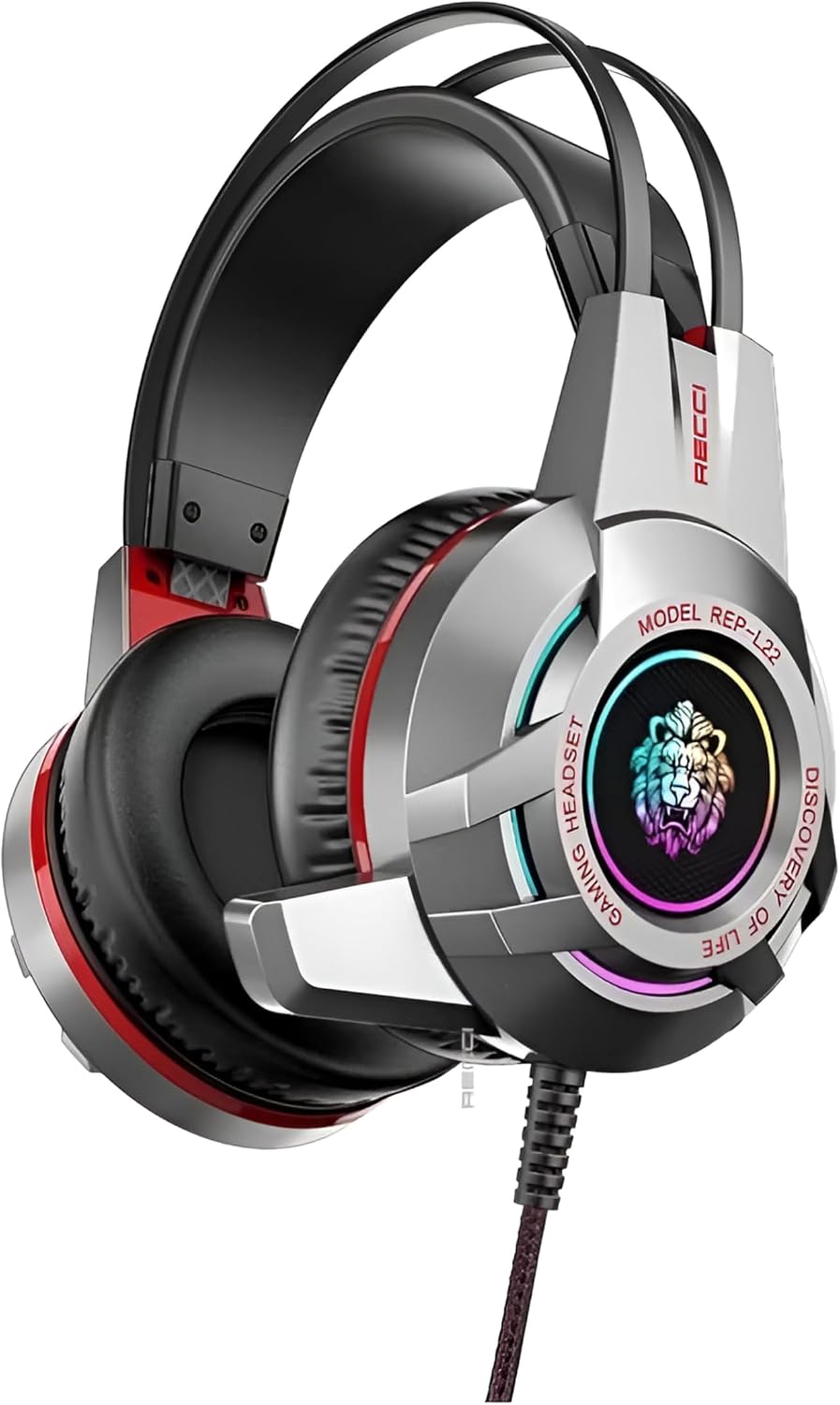 سماعات راس REP-L22 RECCI السلكية، تصميم خفيف الوزن، واجهات USB و3.5 ملم، مع مايكروفون واضاءة LED، أسود