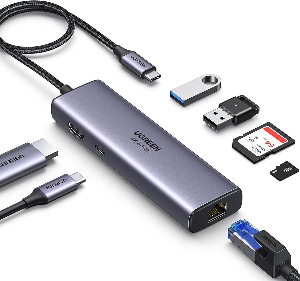 موزع USB C 7 في 1 من يوجرين مع جيجابت ايثرنت 4K @60Hz HDMI، شحن PD 100 واط، قارئ بطاقات SD TF، منفذين USB 3.0، قاعدة USB C متوافقة مع ماك M1، M2، ايباد، ايفون 15 برو برو ماكس، ستيم ديك (60515)
