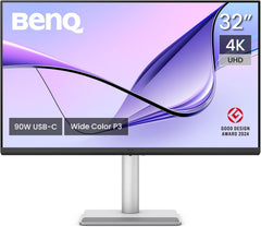 شاشة 32 بوصة 3840x2160 بدقة 4K من بينكيو لماك بوك® برو/اير، منفذ USB نوع سي مزدوج، توصيل طاقة 90 وات، مطابقة الوان ماك، تحكم في السطوع والصوت على ماك، حامل قابل لتعديل الارتفاع والإمالة، تدرج لوني P3