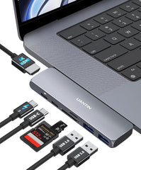 محول USB C HDMI لماك بوك برو/ اير M1 M2 2022 2021 2020 13 و15 و16 بوصة، متعدد المنافذ 7 في 2 بمنفذ 4K HDMI/منفذي USB 3.0/ قارئ بطاقات TF/SD/منفذ بيانات USB-C/منفذ ثاندربولت 3 100 واط/ 40 Gbps من اونتن