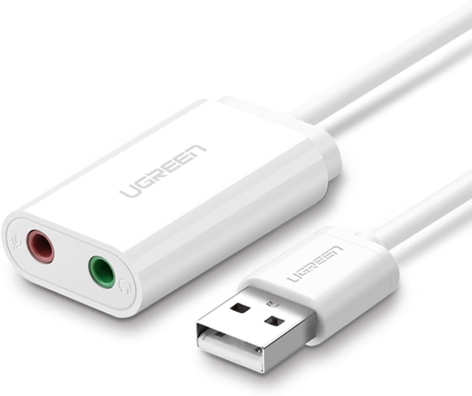 محول USB الى مقبس صوت من يوجرين مع سماعة رأس تي ار اس 3.5 ملم وميكروفون، محول USB الى AUX للسماعات متوافق مع جهاز بلاي ستيشن 5 وماك ولينوكس واللاب توب والكمبيوتر، ابيض