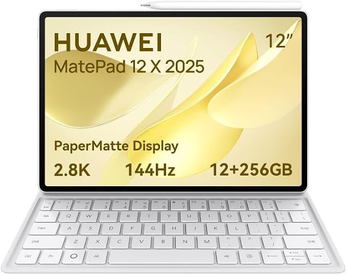 تابلت هواوي ميت باد 12X 2025، 12 بوصة 2.8K وبيبر مات، 144 هرتز، 12+256 جيجا، بطارية 10100 مللي امبير في الساعة، 66 وات وواي فاي 7، WPS اوفيس، 6 مكبرات صوت، لوحة مفاتيح، قلم ام برو مجانًا، لون أبيض