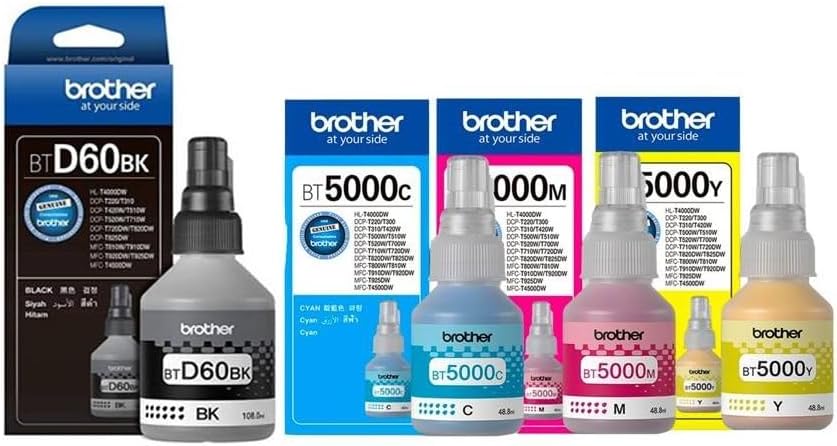 4 قطع - زجاجات حبر BTD60BK/BT5000CMY من بروذر للطابعات ذات خزان حبر DCP-T310 T510W T710W MFC-T810W وT910W