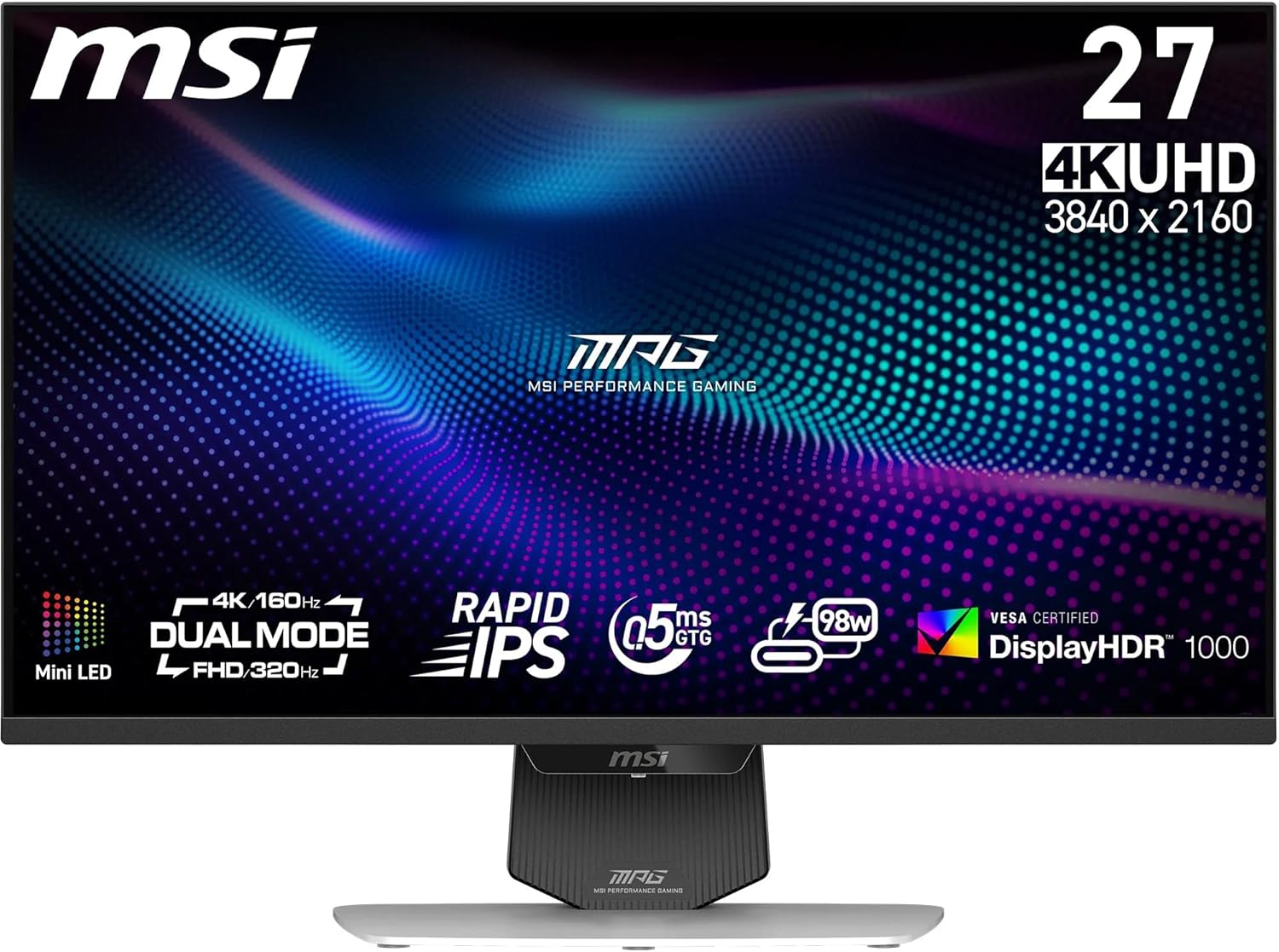 MSI شاشة العاب ام بي جي 274URDFW E16M 27 انش 4K UHD - لوحة IPS سريعة 3840×2160، 0.5 مللي ثانية، شاشة HDR 1000، ميني ليد، وضع مزدوج، HDMI 2.1، DP 1.4a، USB C (PD 98W)، ارتفاع وامالة قابل للتعديل، ابيض