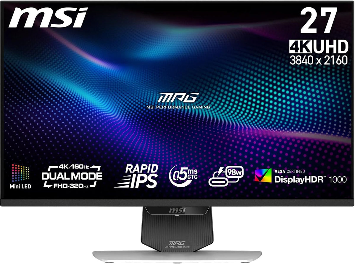 MSI شاشة العاب ام بي جي 274URDFW E16M 27 انش 4K UHD - لوحة IPS سريعة 3840×2160، 0.5 مللي ثانية، شاشة HDR 1000، ميني ليد، وضع مزدوج، HDMI 2.1، DP 1.4a، USB C (PD 98W)، ارتفاع وامالة قابل للتعديل، ابيض