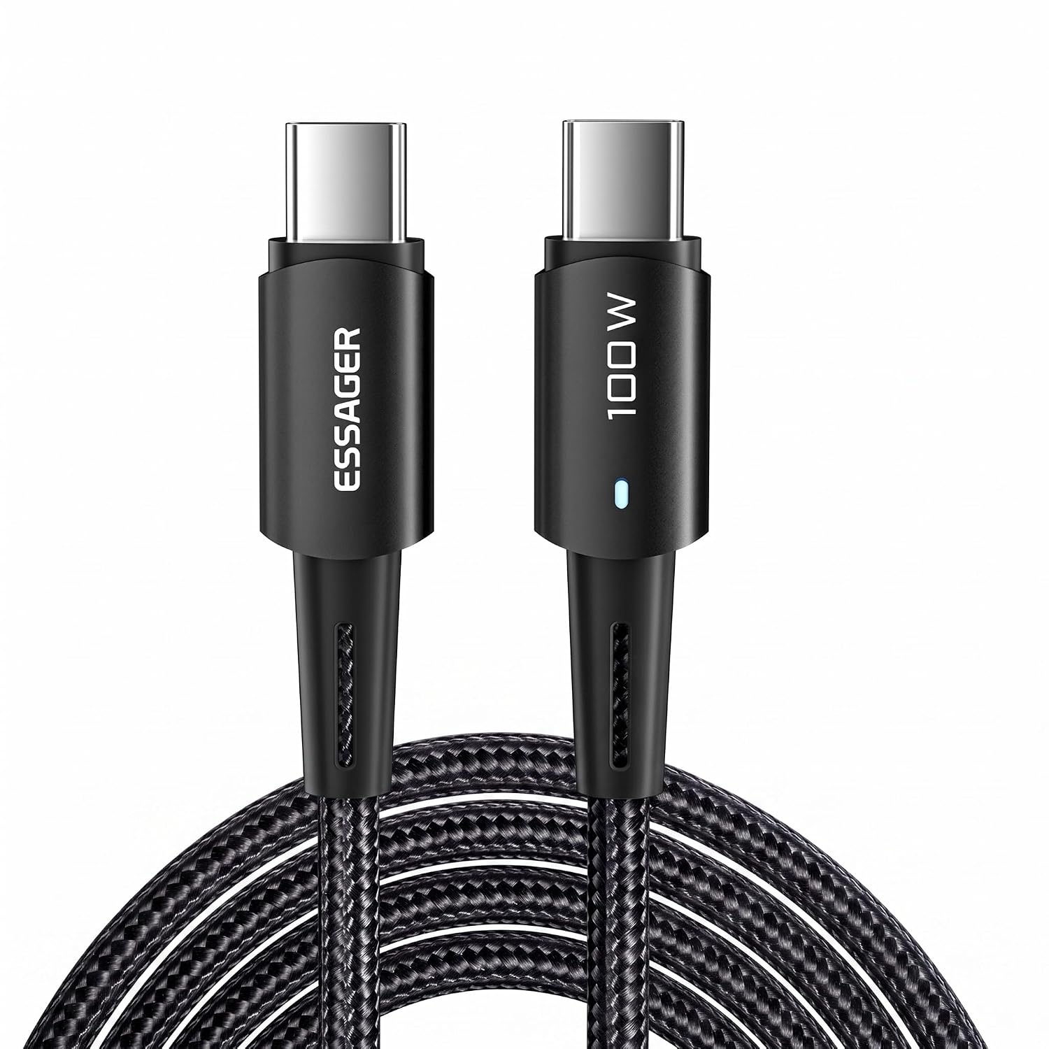 كابل مجدول من USB C إلى USB C بقدرة 100 واط وتقنية بي دي للشحن السريع ونقل بيانات بسرعة 480Mbps وشريحة ذكية ورؤوس من ألومنيوم وطول 0.5 و1 و2 و3 م لأجهزة لابتوب وآيفون وسامسونج جالكسي من ايساجر، 0.5 م