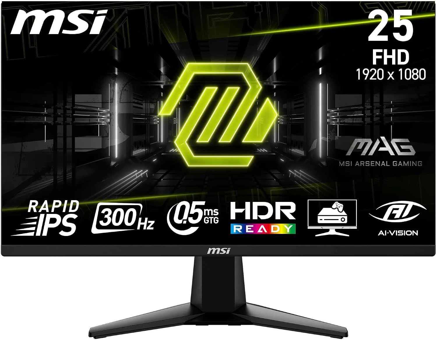شاشة ألعاب ماج 255XF مقاس 24.5 بوصة FHD لوحة IPS سريعة 1920×1080 معدل تحديث 300 هرتز زمن استجابة فائق السرعة 0.5 ملي ثانية (GtG, min) من ام اس اي 120% sRGB بدون إطار HDR جاهز منفذ عرض 1.4a، HDMI، أسود