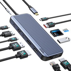 قاعدة شحن USB نوع سي مزدوجة HDMI، 13 في 1 فيديو USB نوع سي شاشة ثلاثية مع 2 HDMI، 4K DP/USB نوع سي، 10 جيجابت USB نوع ايه/نوع سي 3.1، 100 وات بي دي، RJ45، SD/TF، صوت/ميكروفون 3.5 ملم لجهاز اتش بي ديل