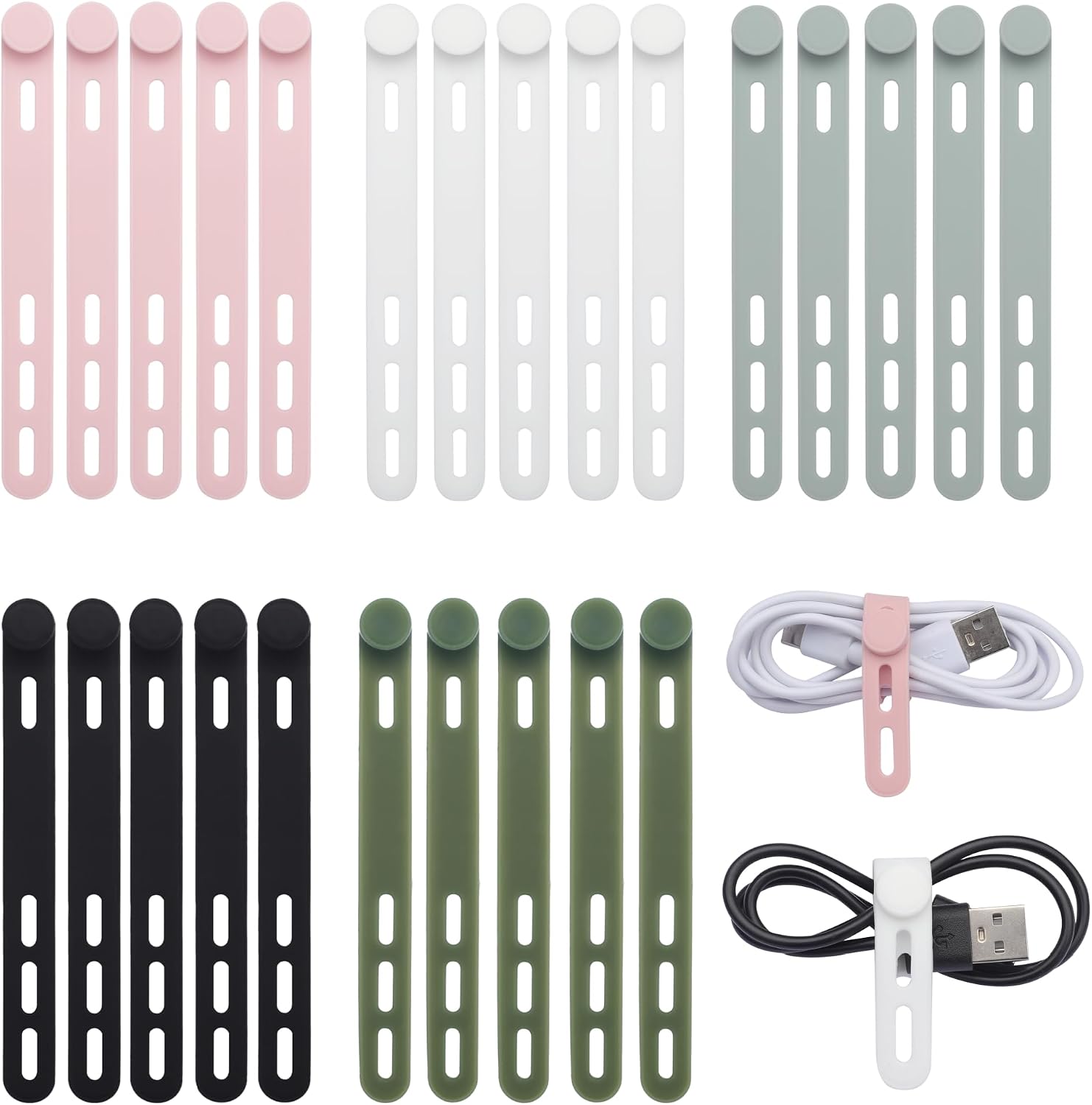 20 قطعة من اربطة الكابلات المصنوعة من السيليكون، منظمات اسلاك قابلة لاعادة الاستخدام، اغطية المظلات وربطات الكابلات لادارة الاسلاك واسلاك الشحن - اكسسوارات للمنزل والمكتب والمطبخ والسفر