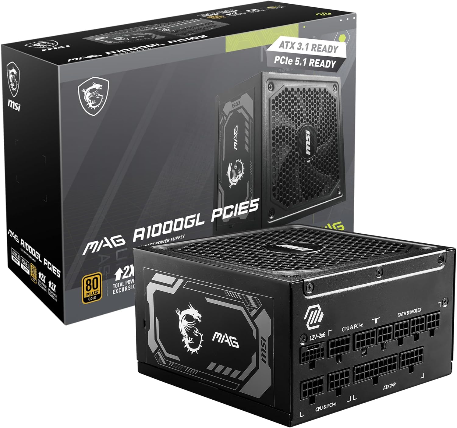 باور سبلاي معياري MAG A1000GL PCIE5 بقدرة 1000 وات بتصنيف 80 بلس جولد من ام اس اي، أسود، 306-7ZP9B18-CE0