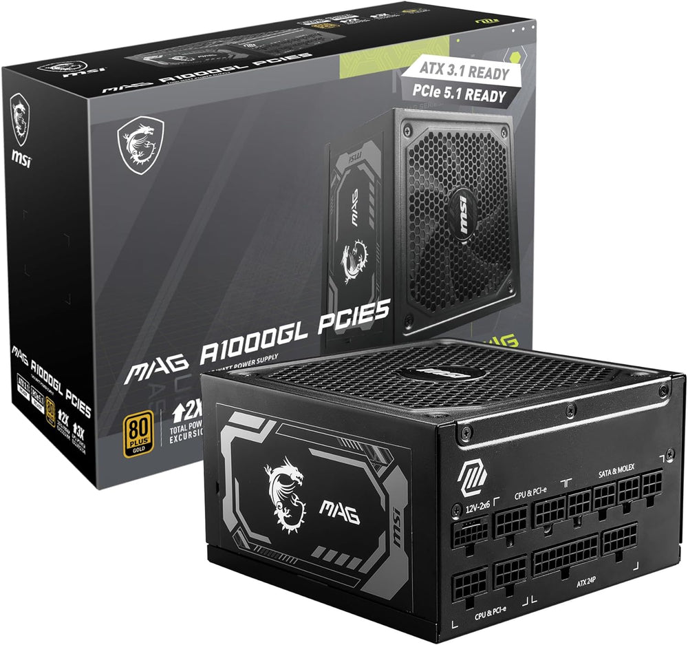 باور سبلاي معياري MAG A1000GL PCIE5 بقدرة 1000 وات بتصنيف 80 بلس جولد من ام اس اي، أسود، 306-7ZP9B18-CE0