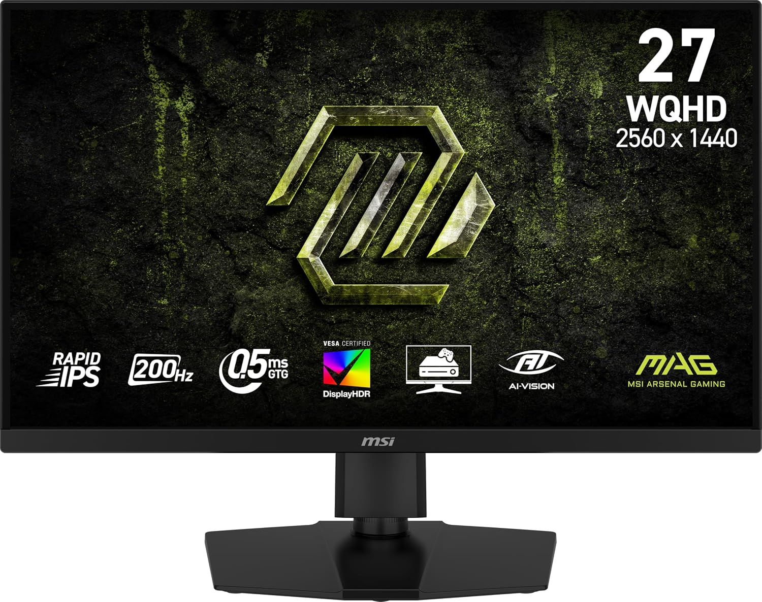 MSI ماج 274QPF E20 27 انش 2560x1440 (WQHD)، 200Hz، AMD ادابتيف سينك، HDR جاهز، HDMI، موصل VGA، حامل فيسا، امالة، فتحة ضيقة 4 جوانب، 0.5 مللي ثانية، اسود